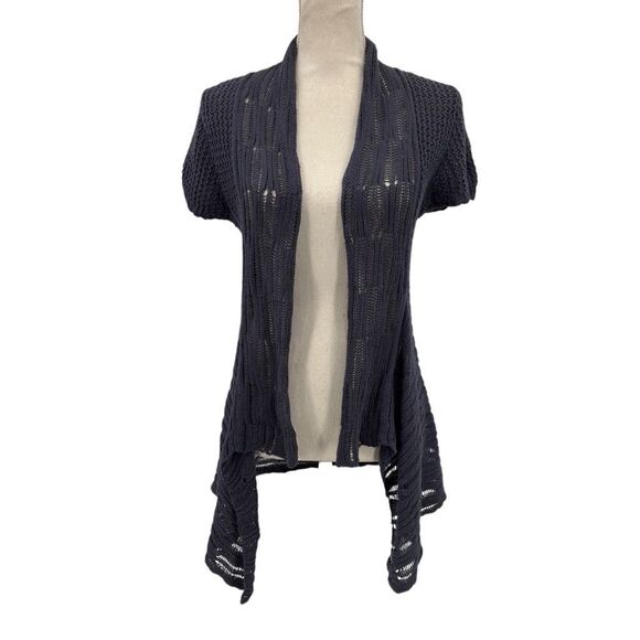 Cabi Drape Open Front Knit Short Sleeve Asymmetric Hem Boho Cardigan Gray Medium - Picture 1 of 12
